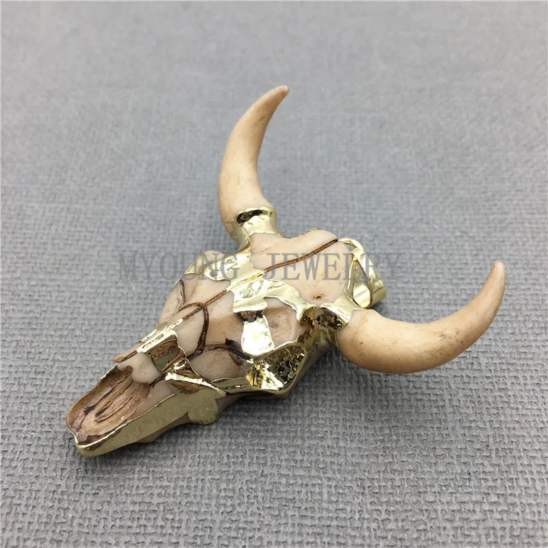 MY0126 Buffalo Cattle Skull Pendant with Gold Electroplated Trim, Longhorn Cattle Skull Charm Pendant In 4523 Inches (10)