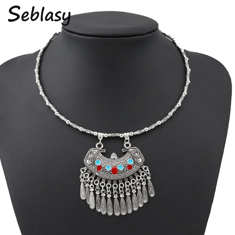 

Seblasy Maxi Bohemian Big Statement Geometric Patterns Water Droplets Tassel Necklaces Pendants for Women Vintage Party Collier