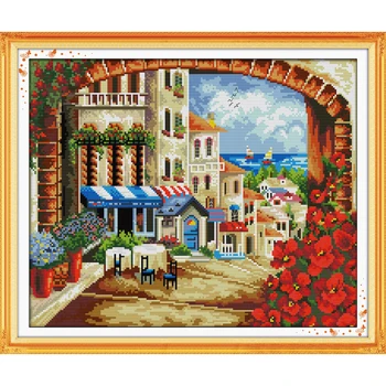 

Everlasting Love Mediterranean Path Chinese Cross Stitch Kits Ecological Cotton Printed 11CT DIY New Year Christmas Decorations