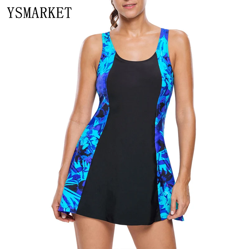 Women Tankini Bathing Suit Bluish Print Black Panel Front A Line Swimsuit Dress with Bottom Plus Size Simming Swimwear E410015 tropical floral plus size a line dress