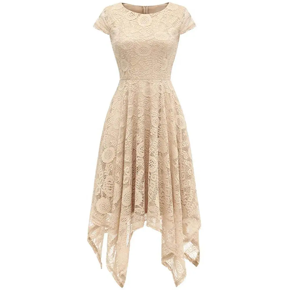 

2019 new fashion Women Lace Dress Summer Short Sleeves High Waist Pleated Slim Irregular Dress for Wedding Party Elegant Dress
