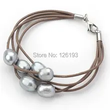 Коричневый кожа с 10- 11 мм серый речной жемчуг браслет много- многожильный кабель стиль