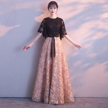 

New Embroidery O Neck A Line Half Sleeve Sashes Lace Long Evening Dresses Elegant Party Zipper Back Prom Gowns