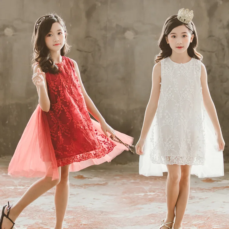 

Kid Girls Lace Dress Teens Tutu Party Wedding White Dress for Girls Sleeveless Princess Birthday Dress Summer 4-14Yrs CA953