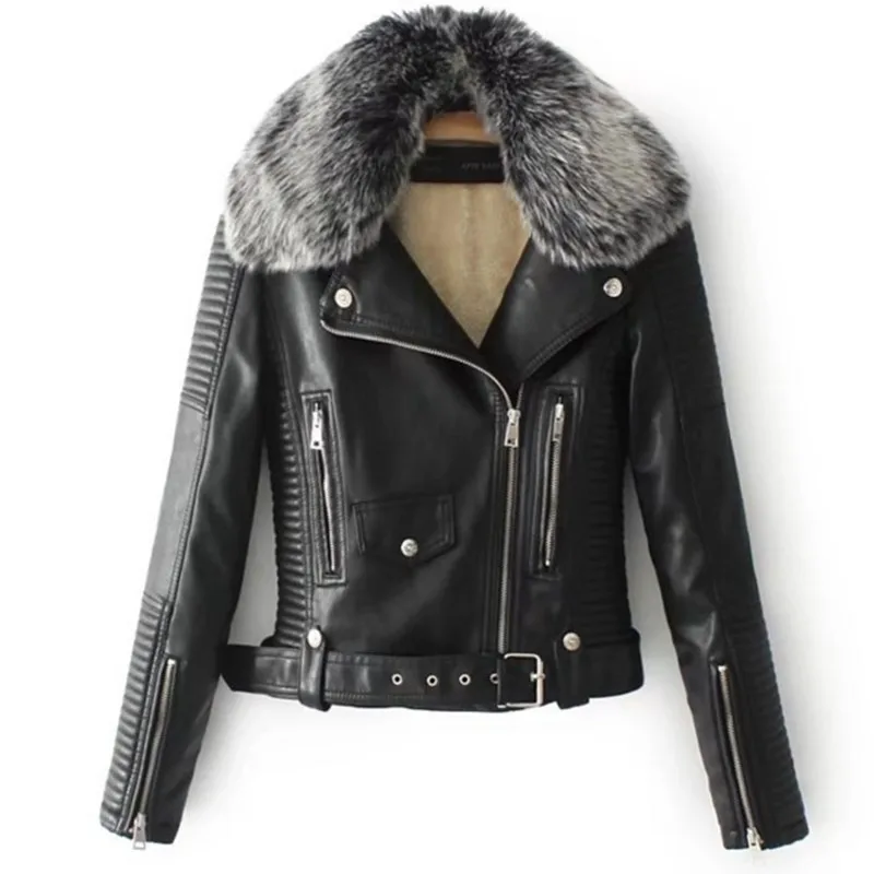 

High Quality Faux Leather Jackets with Fur Collar Winter Warm Thick Overcoat Casual Belts Biker Motorcycle PU Jackets Coats