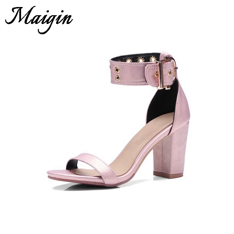 Maigin Summer Shoes Woman Sandals 2018 New Real Buckle Strap Leather Sandals Women Open Toe Thick Heel Footwear Women