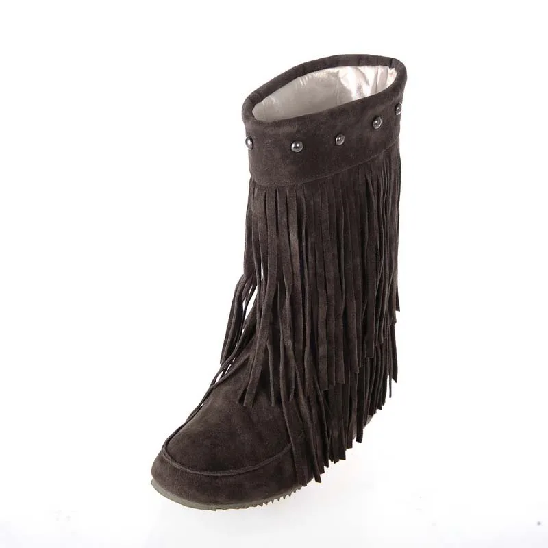 Big Size 34-43 Women's 3 Layer Fringe Tassels Decoration Rivets Low Heel Winter Boots Mid-Calf snow boots Shoes