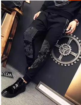 

spring hot drilling skull brand men's casual pants men's dark thin feet design