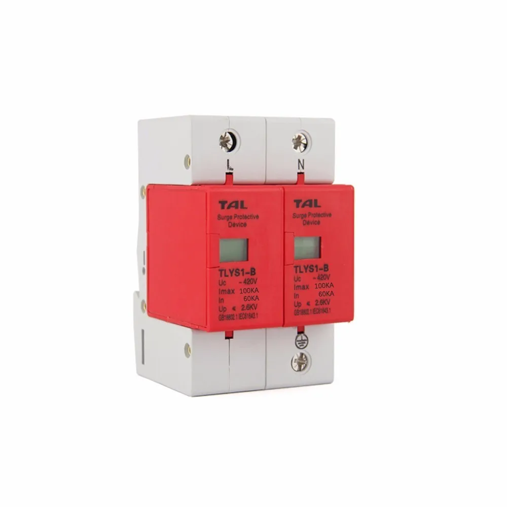 Защита от перенапряжения B100-2P 60KA~ 100KA 275 V 385 V 420 V AC Spd House защитное Низковольтное предохранительное устройство 1 P+ N защита от молнии