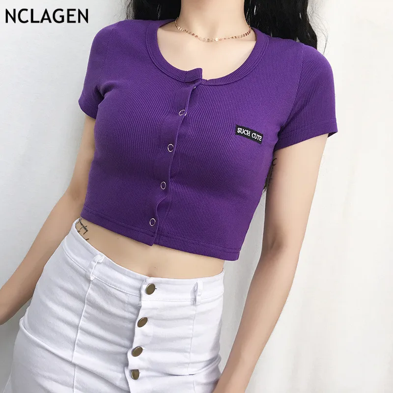 

NCLAGEN 2019 Summer Fashion Letter Embroidery Hidden Button Knitting Cropped Tops Tees Women Short Sleeve Vintage T Shirts