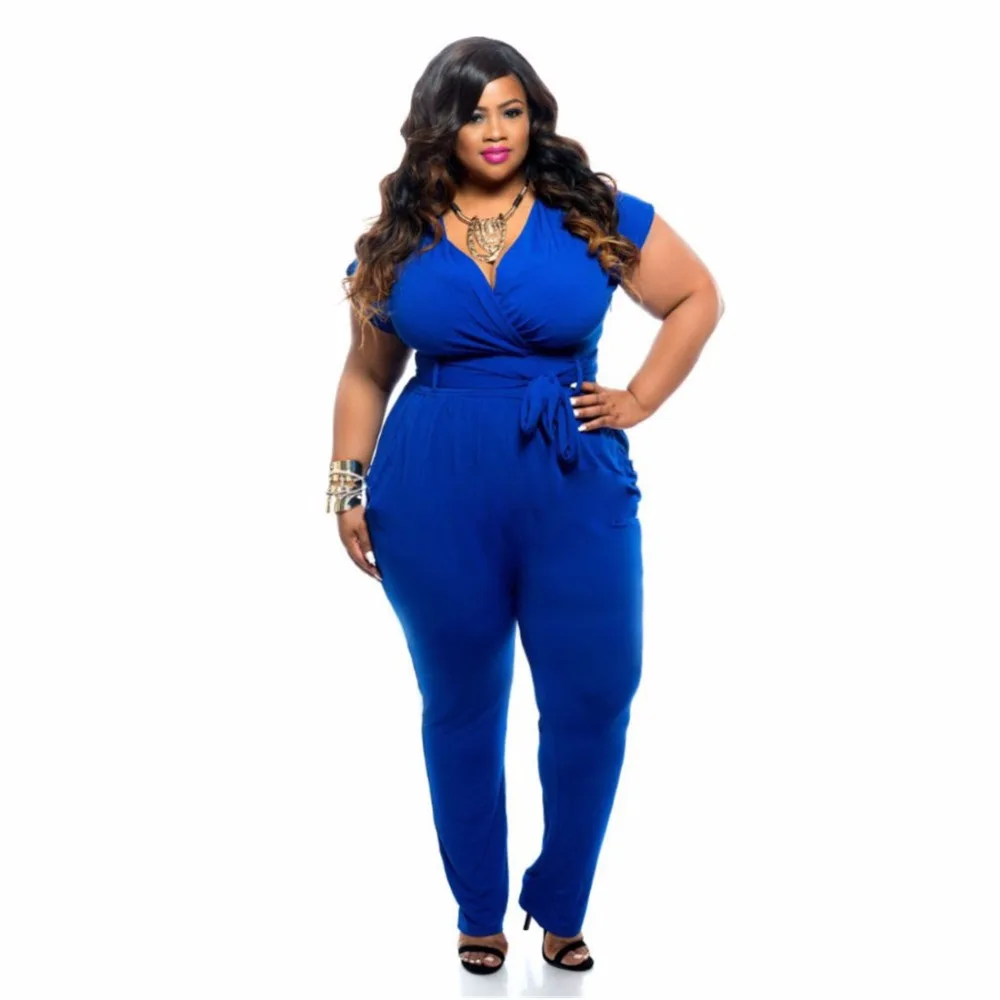 FK1472 Women Plus size Jumpsuits Short Sleeve Waist Sashes Rompers Full ...