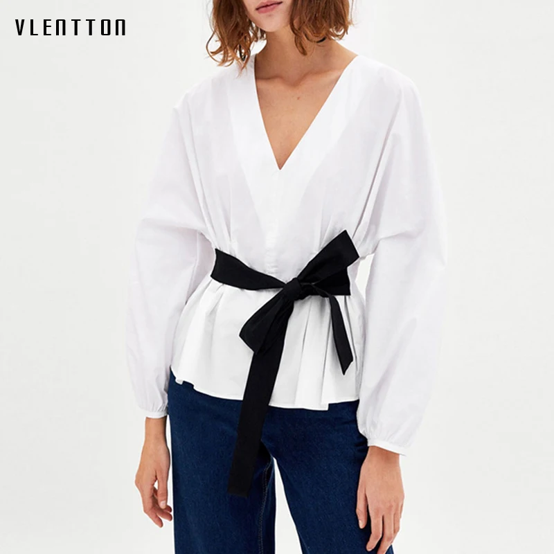 

Womens tops and blouses 2018 new Belt Solid Long Sleeve Top Summer Women Office Ladies Work Elegant Blouse