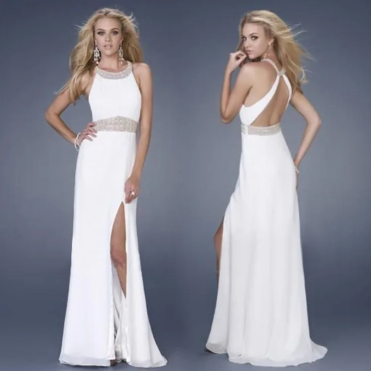 

Sexy Halter Crystal Sashes Prom Dress High Slit Back Criss-cross Superior Chiffon Elegant Long Evening Gowns Vestido De Festa