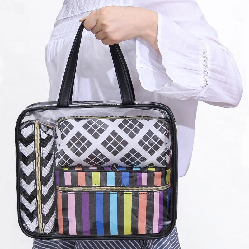 PVC Transparent Cosmetic Bag Travel Toiletry Bag Set Pink Make up Organizer Pouch Makeup Case ...
