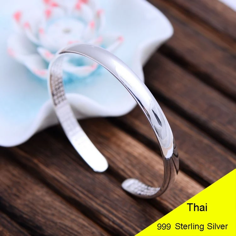 

Genuine 999 Sterling Silver Smooth Buddhist Scriptures Heart Sutra Open Bangle Women Thai Silver Fine Jewelry Gift CH056535