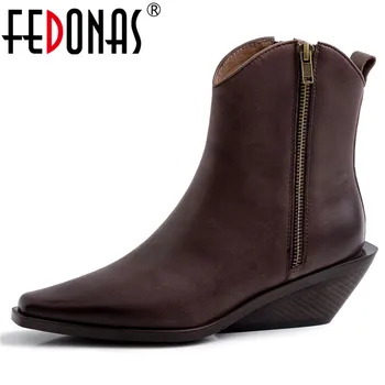 

FEDONAS Fashion Punk Pointed Toe High Heels Women Ankle Boots Autumn Winter New Genuine Leather Party Chelsea Motorcycle Boots