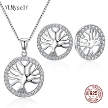Настоящее серебро 925 проба ожерелье серьги ювелирные изделия набор дерево дизайн круглая подвеска 2 шт Ювелирные наборы для женщин