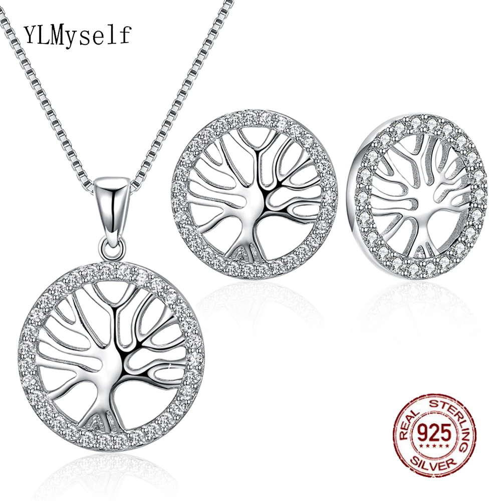 

Real 925 Sterling Silver Necklace Earrings Fine Jewelry set Tree design Round Suspension 2PCS Jewellery sets for women