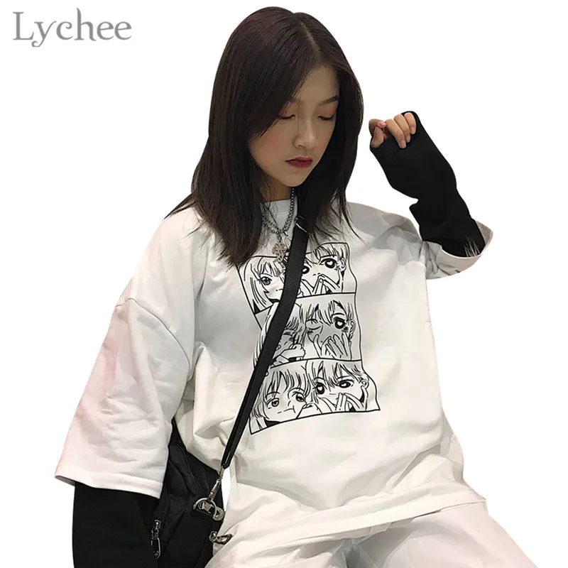 

Lychee Harajuku Comics Character Fake Two Pieces Women Sweatshirt Long Sleeve O-Neck Patchwork Female Sweatshirt Casual Top