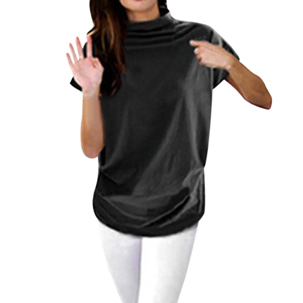 

Women Casual Summer T Shirt Short Batwing Sleeve Loose Tops Solid Black Gray Turtleneck Tee Shirt T-Shirts Femme Tees Tops#L5%