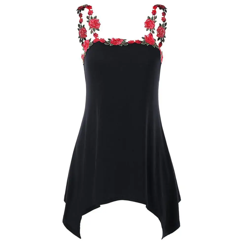 

Fashion Womens Casual Asymmetric Embroidery Tank Top Sleeveless Floral Off Shoulder Slash Neck Top Camisas Mujer