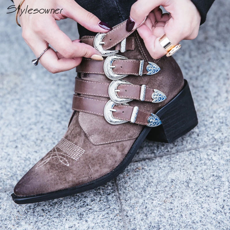 

Stylesowner Retro Do Old Leather Women Boots Bling Metal Buckle Ankle Boots Genuine Suede Leather Heels Boots Fashion Heels Boot