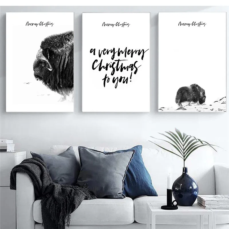 Nordic Home Wall Art Decor Canvas Painting Yak Animal Letter Print Living Room Picture Christmas | Дом и сад