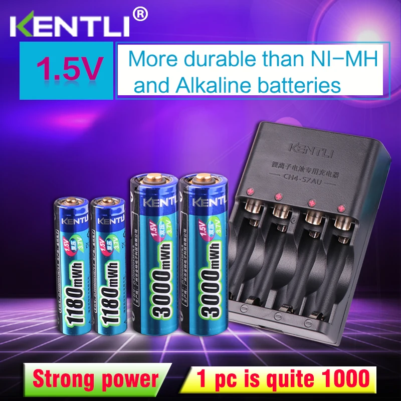 

KENTLI 4pcs 1.5v aa aaa batteries Rechargeable Li-ion Li-polymer Lithium battery + 2 slots AA AAA lithium li-ion Smart Charger