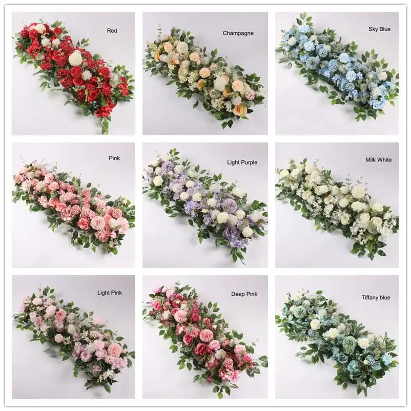 50cm Length DIY Arch Flower Row Silk Flower with Foam Acanthosphere Rose Peony Mix Flower for Wedding Backdrop Decoration