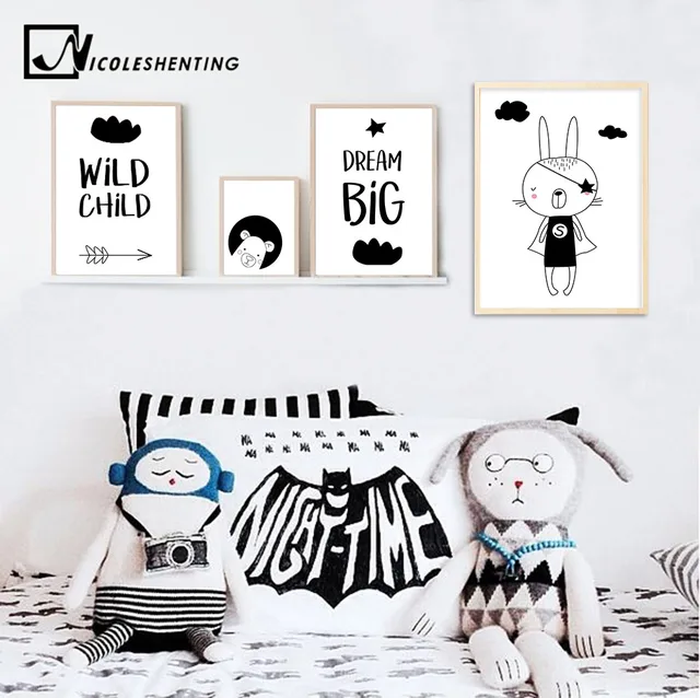 Nicoleshenting cartoon bear wall art canvas poster black white nursery prints nordic style painting wall picture Nicoleshenting cartoon bear wall art canvas poster black white nursery prints nordic style painting wall picture