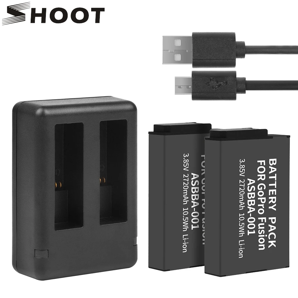 

SHOOT 2Pcs ASBBA-001 ASBBA 001 2720mAh Battery for GoPro Fusion with Dual USB Charger for Go Pro Fusion 360 Degree Action Camera