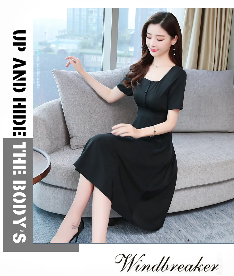 Корейские шикарные одноцветные пляжные платья миди, летние, размера плюс, черные, с коротким рукавом, сексуальный сарафан для женщин, бодикон, элегантные вечерние платья