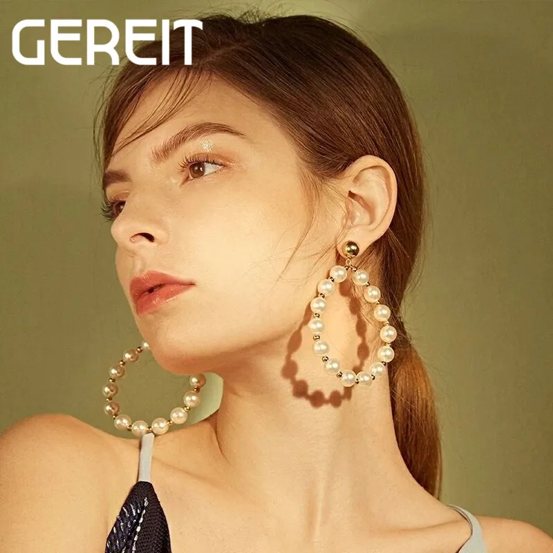 

Korean Temperament Large Drop Earrings Geometric Big Circle Waterdrop Crystal Pearl Beaded Statement Earrings Wedding Jewelry
