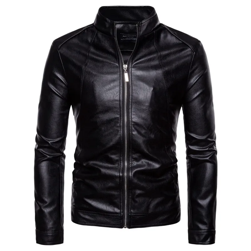 

AOWOFS Leather Jacket Men 2018 Autumn Casual Solid Zipper Motorcycle Jackets Stand Collar Black Faux Leather Coat Men Jaket 5XL