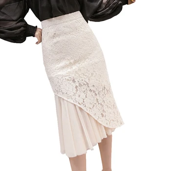 

2019 autumn women's mesh stitching lace slim trumpet skirts female split package hip fishtail skirt S-2XL ladies sexy clothing