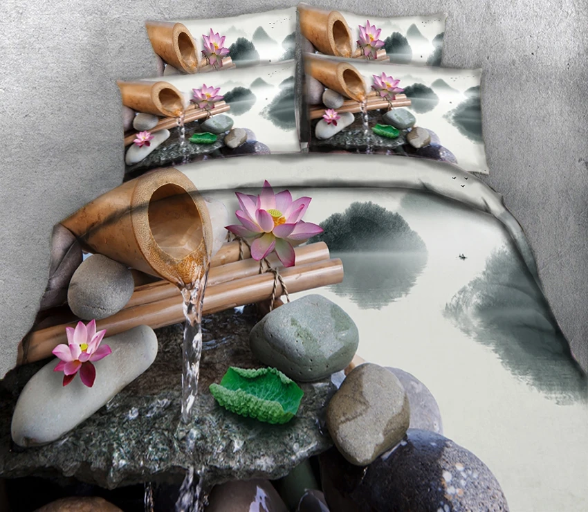 

Bamboo and Lotus Ink Painting Theme on Stone 3d effect photo bed linen can be customized photo pattern