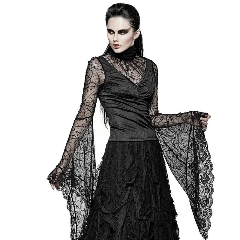 

PUNK RAVE Gothic Women Spider Web Long Flare Sleeve T-shirt Black Ladies Sexy Lace Adjustable Bandage Shirts Tops Tees Halloween