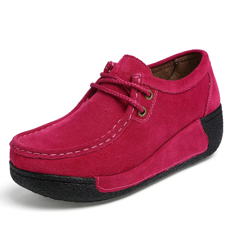 EOFK/Осенняя женская обувь на платформе; Элегантные замшевые мокасины на плоской подошве; женские повседневные кроссовки с круглым носком; обувь на толстой подошве - Цвет: Розово-красный