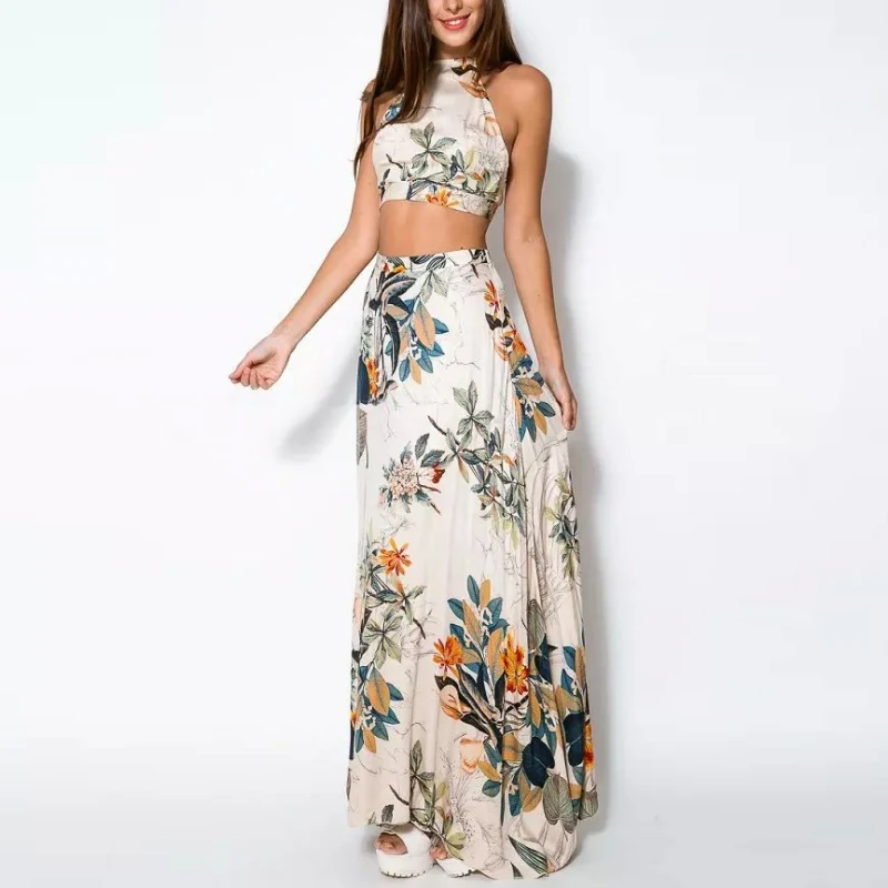 

2018 FashionTop Women Bandage Floral Casual Beach Two Piece Crop Top Long Dress