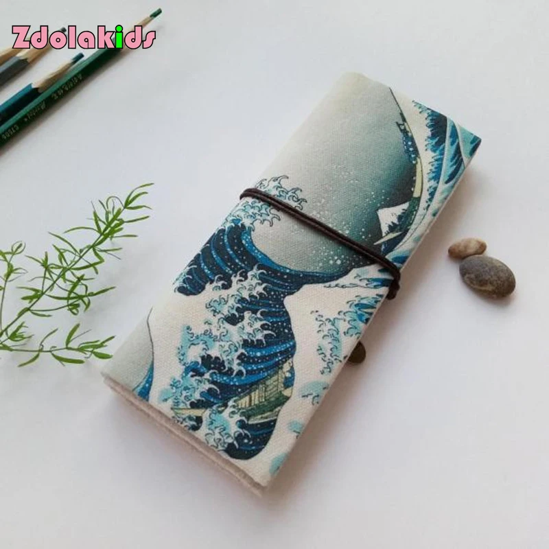 

Floral Painting Canvas Pencil Bag Curtain School Pencil Case Stationery Roll Pen Pouch Holder
