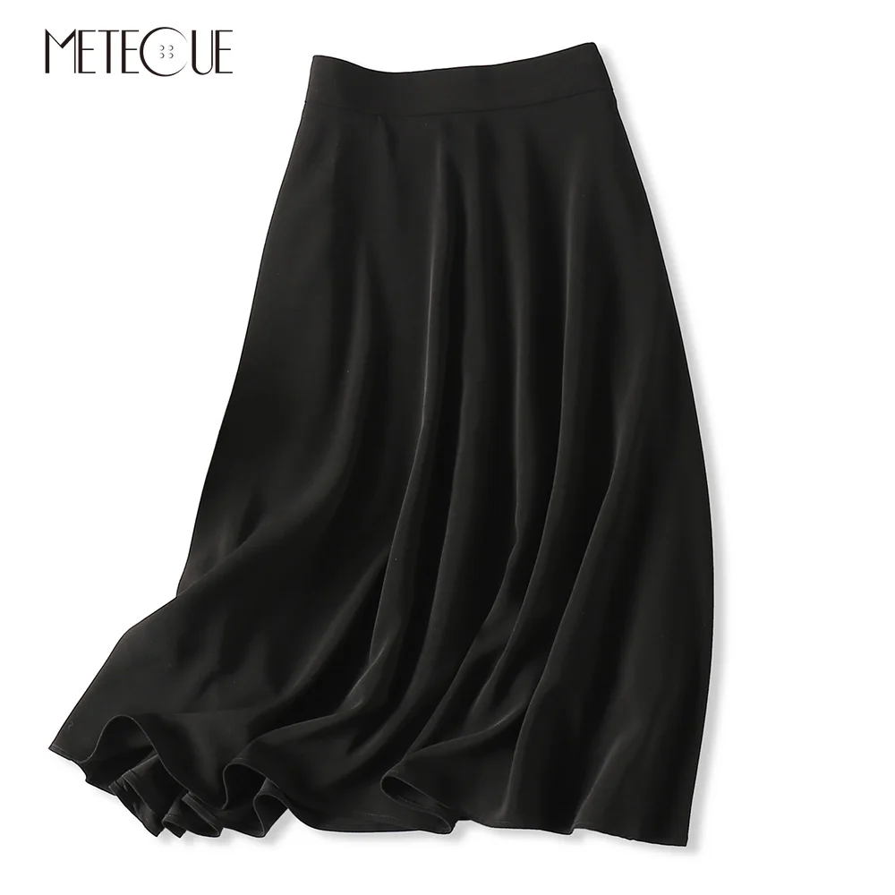 

Silky Triacetate Black Woman Swing Skirt Elegant High Waisted A Line Women Skirts Spring Summer 2019