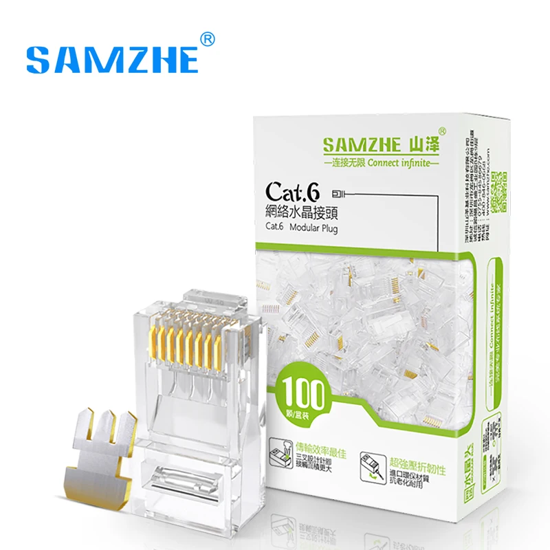 SAMZHE Cat6 RJ45 Modular Plug 8P8C Connector for Ethernet Cable Gold Plated 1Gbps CAT 6 Gigabit