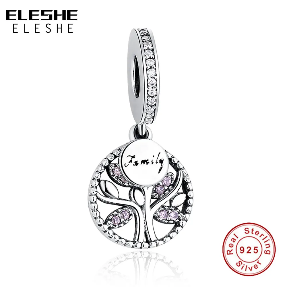 

ELESHE European 925 Sterling Silver FAMILY TREE SILVER DANGLE CUBIC ZIRCONIA Charm Fit Original Bracelet Jewelry Making
