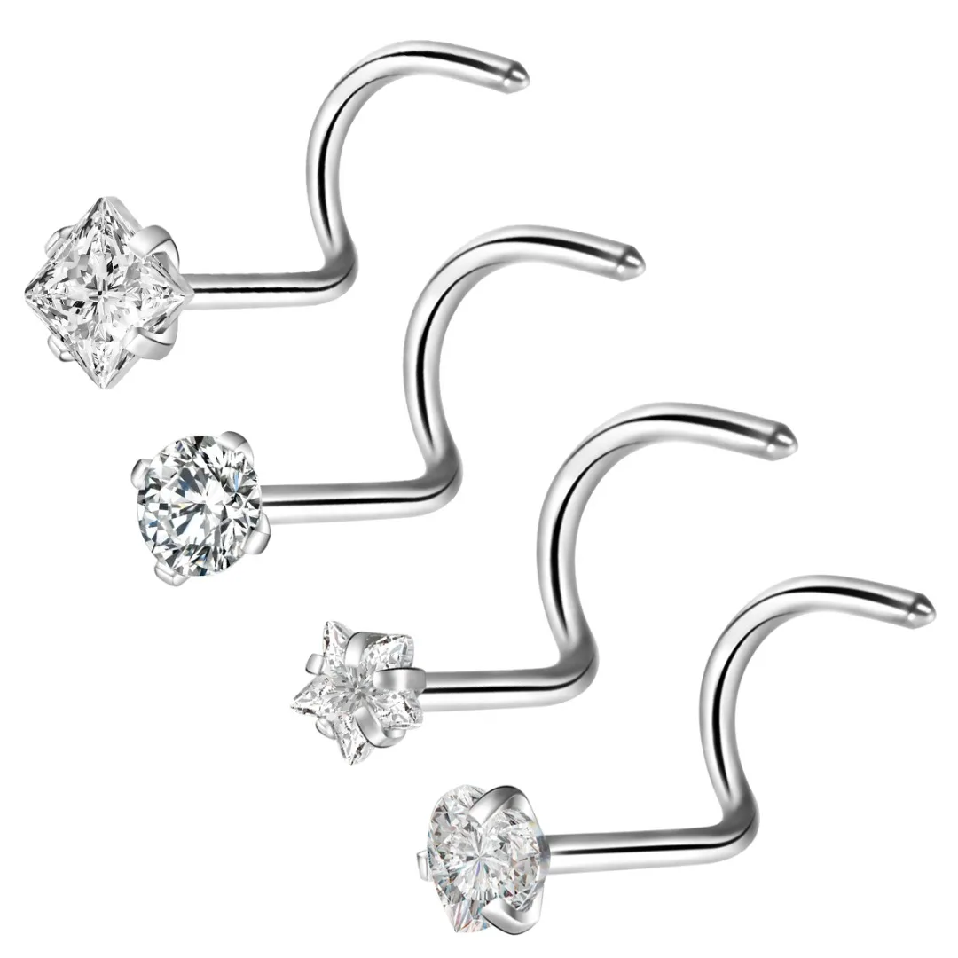 4pcs/lot Crystal Twisted Screw Nose Ring Surgical Steel Nose Studs Geometric Piercing For Women Nose Stud Ring Body Jewelry