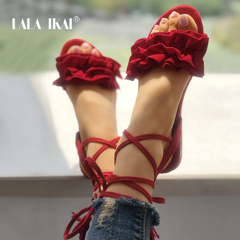 Сандалии LALA IKAI женские с ремешком на щиколотке босоножки оборками пляжная обувь