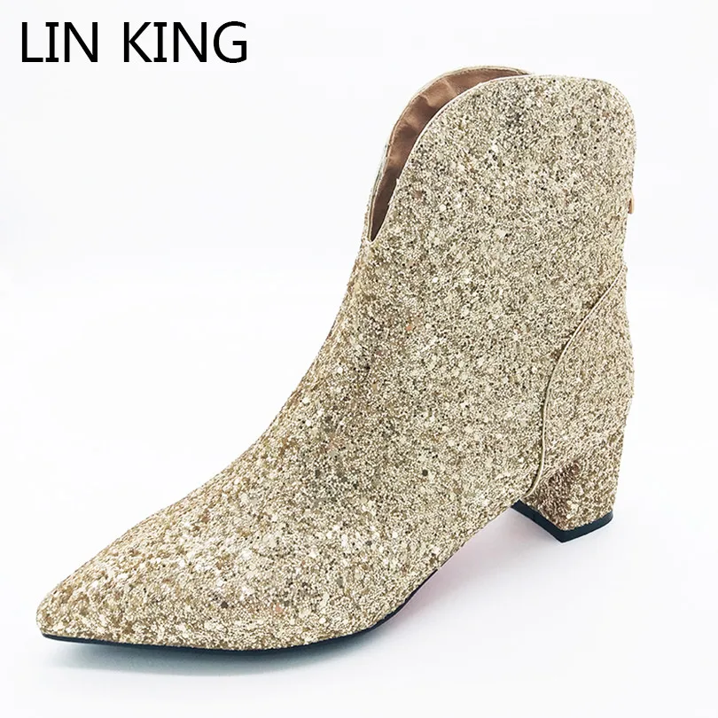 

LIN KING Fashion Style Women Winter Boots Glitter Leather Warm Plush Ankle Booties Pointed Toe Square Heel Ankle Boots