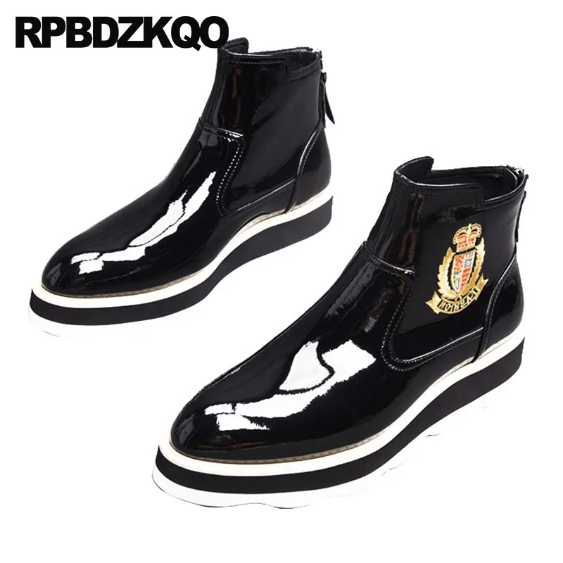 Острый носок высокая подошва Harajuku мех мужские черные лакированные сапоги обувь молния толстая шаблон высокий верх зимняя батильоны на платформе мужская короткие высокие сверху мода удобные удобная
