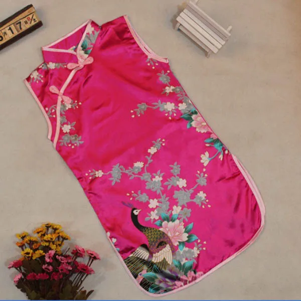От 2 до 8 лет цельнокроеное платье Ципао без рукавов в стиле ретро с рисунком павлина для маленьких девочек - Цвет: M