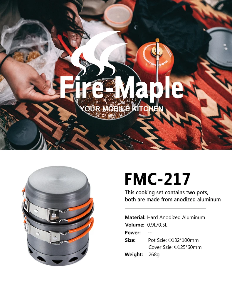 Fire Maple Camping Cookware Set Outdoor Compact Foldable Heat Exchang Pot FMC-217 268g Light Weight Solo Travel Cooking Pots