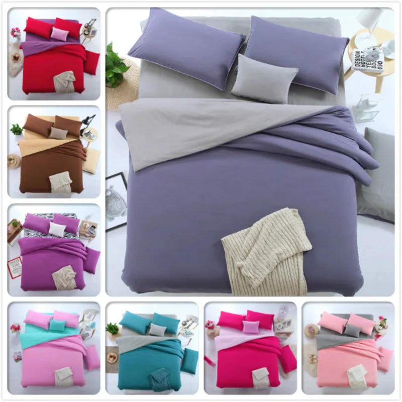 4pcs Set Bed Sheet Duvet Cover Pillow Case Plain Colour Boy Girl